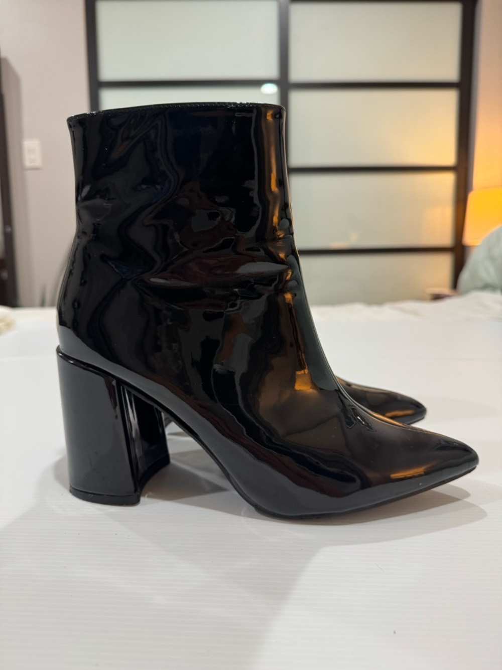 Women's Black Patent Ankle Boots - Sleek Block Heel